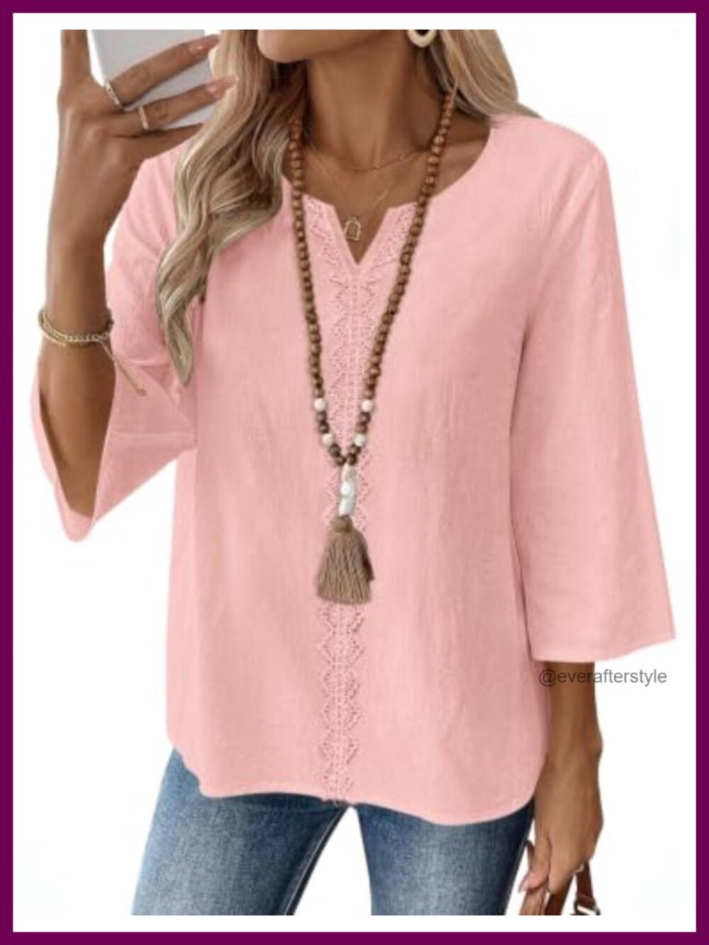 Cotton Linen Tunic Top 3/4 Sleeve Lace Front V-Neck Blouse